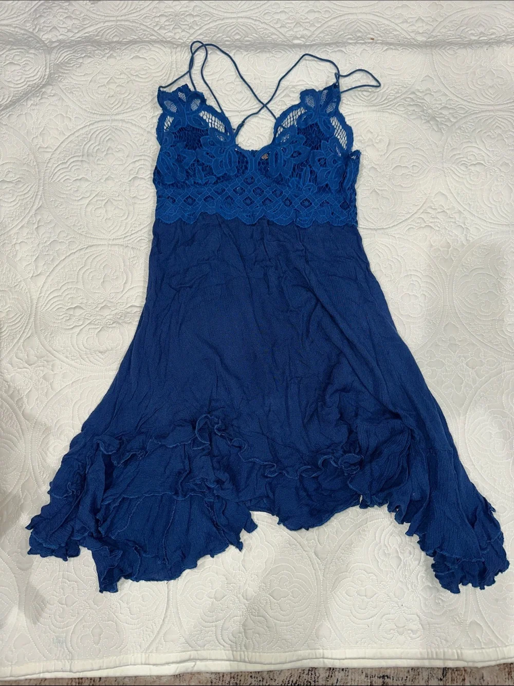 Free People Asymmetrical Crochet Bodice Dress in Cobalt